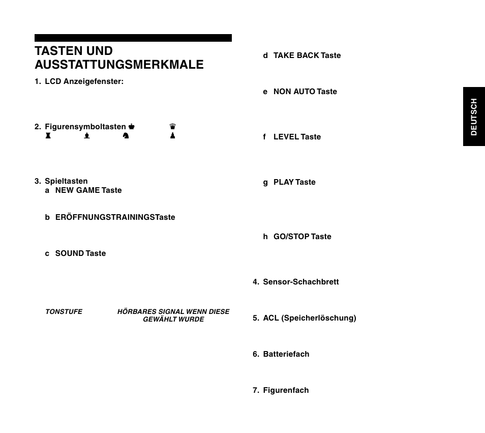 Tasten und ausstattungsmerkmale | Saitek Travel Chess User Manual | Page 29 / 154