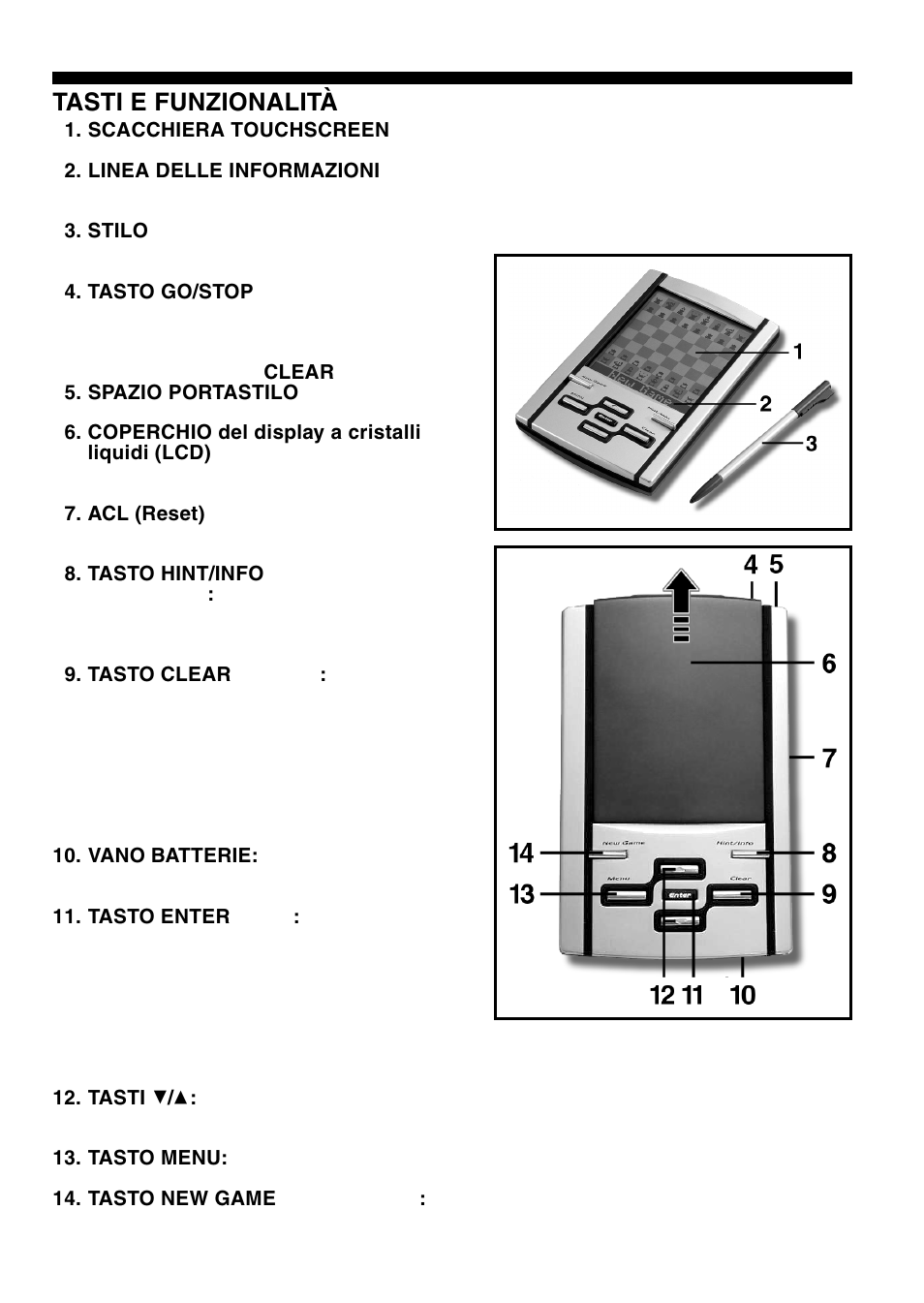 Tasti e funzionalità | Saitek Mephisto Touch Screen Travel Chess User Manual | Page 100 / 208