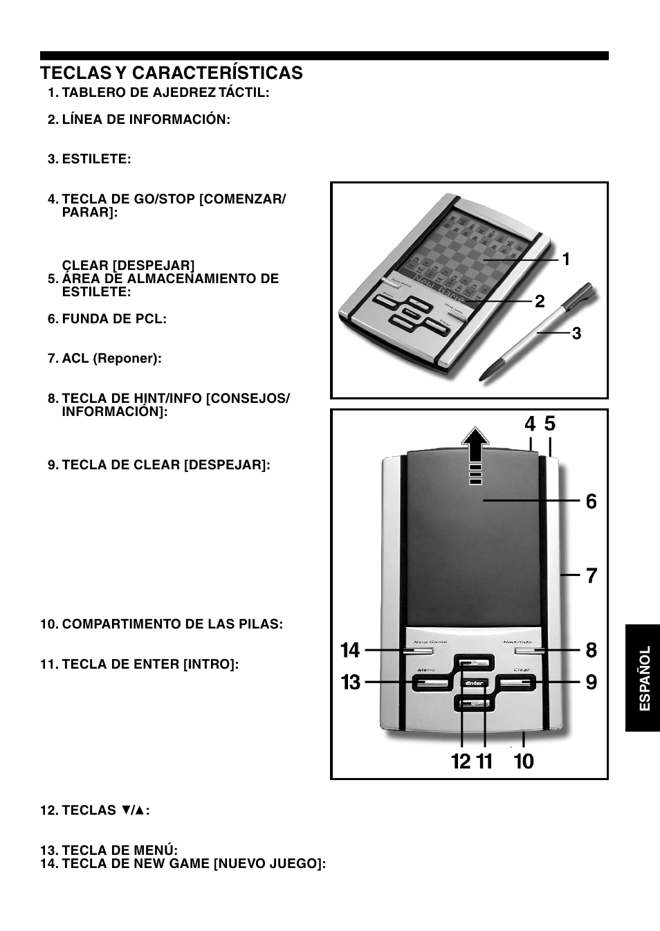 Teclas y características | Saitek Mephisto Touch Screen Travel Chess User Manual | Page 135 / 208