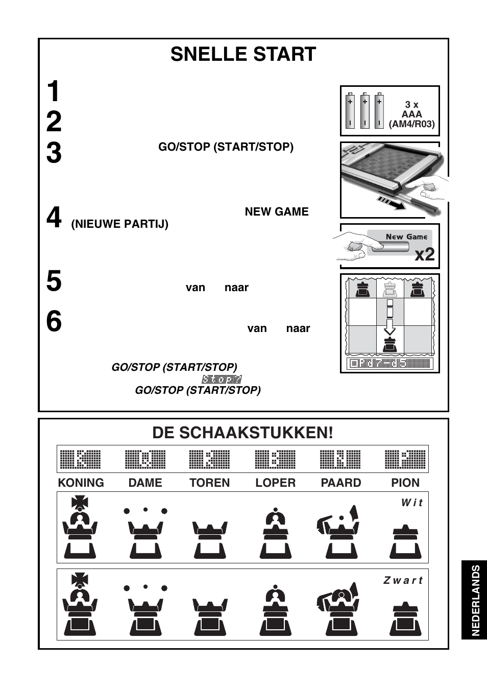 K` q` r` b` n` p, Snelle start | Saitek Mephisto Touch Screen Travel Chess User Manual | Page 169 / 208