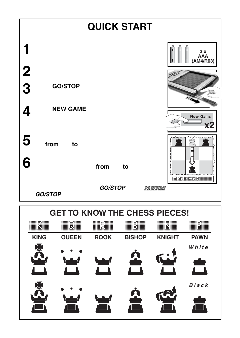 K` q` r` b` n` p, Quick start | Saitek Mephisto Touch Screen Travel Chess User Manual | Page 2 / 208