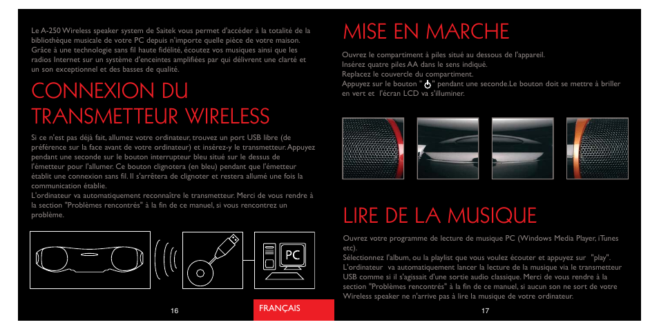 Mise en marche, Lire de la musique, Connexion du transmetteur wireless | Saitek A-250 User Manual | Page 10 / 37