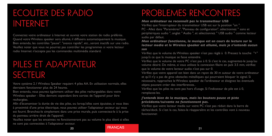 Problemes rencontres, Ecouter des radio internet, Piles et adaptateur secteur | Saitek A-250 User Manual | Page 12 / 37