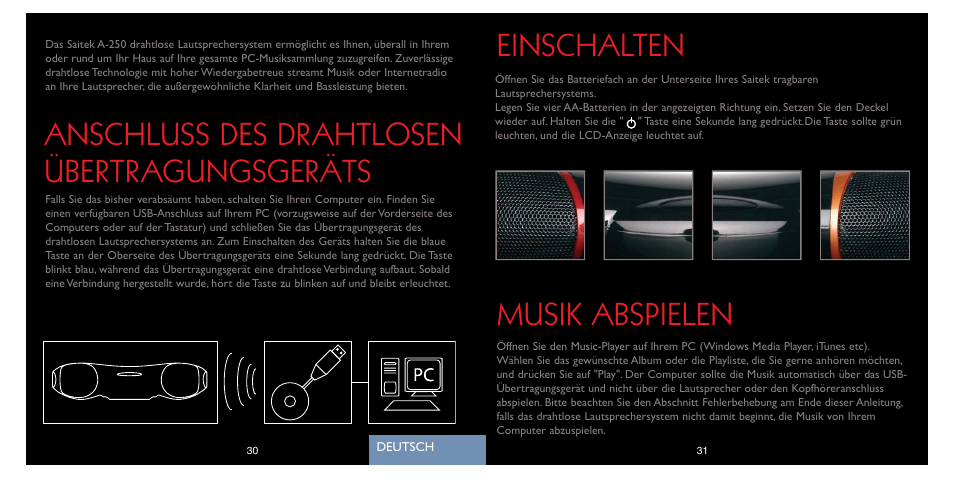 Einschalten, Musik abspielen, Anschluss des drahtlosen übertragungsgeräts | Saitek A-250 User Manual | Page 17 / 37