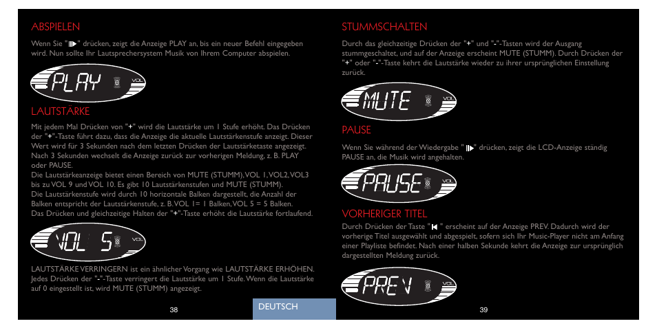 Stummschalten pause, Vorheriger titel, Abspielen lautstärke | Saitek A-250 User Manual | Page 21 / 37