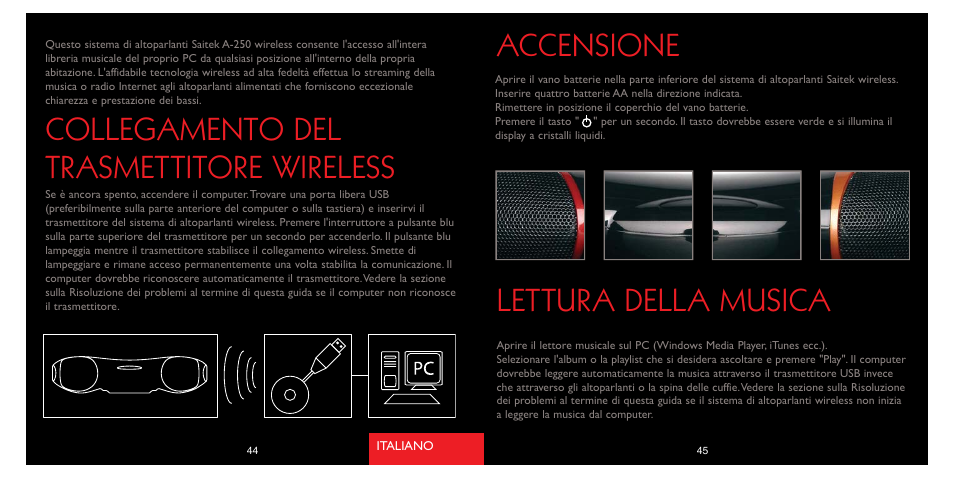 Accensione, Lettura della musica, Collegamento del trasmettitore wireless | Saitek A-250 User Manual | Page 24 / 37