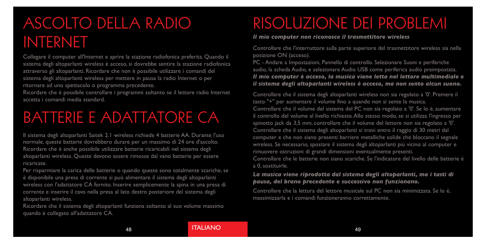 Risoluzione dei problemi, Ascolto della radio internet, Batterie e adattatore ca | Saitek A-250 User Manual | Page 26 / 37