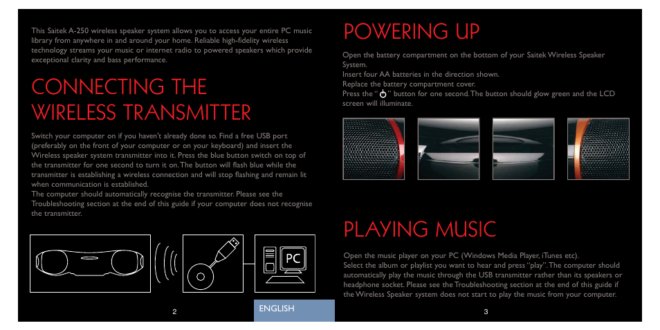 Powering up, Playing music, Connecting the wireless transmitter | Saitek A-250 User Manual | Page 3 / 37