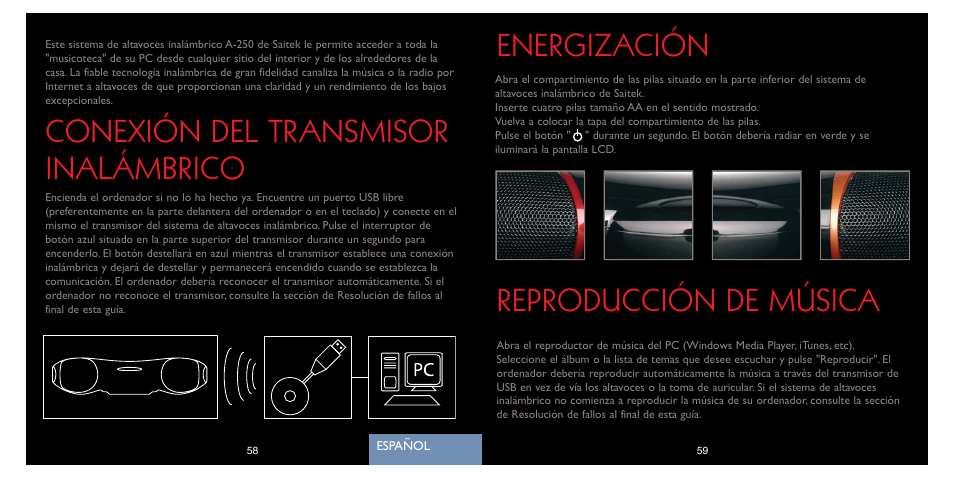 Energización, Reproducción de música, Conexión del transmisor inalámbrico | Saitek A-250 User Manual | Page 31 / 37