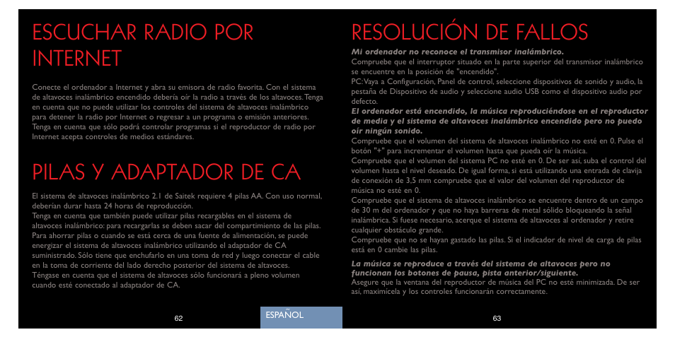 Resolución de fallos, Escuchar radio por internet, Pilas y adaptador de ca | Saitek A-250 User Manual | Page 33 / 37