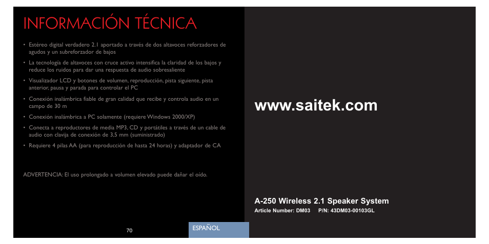 Información técnica | Saitek A-250 User Manual | Page 37 / 37