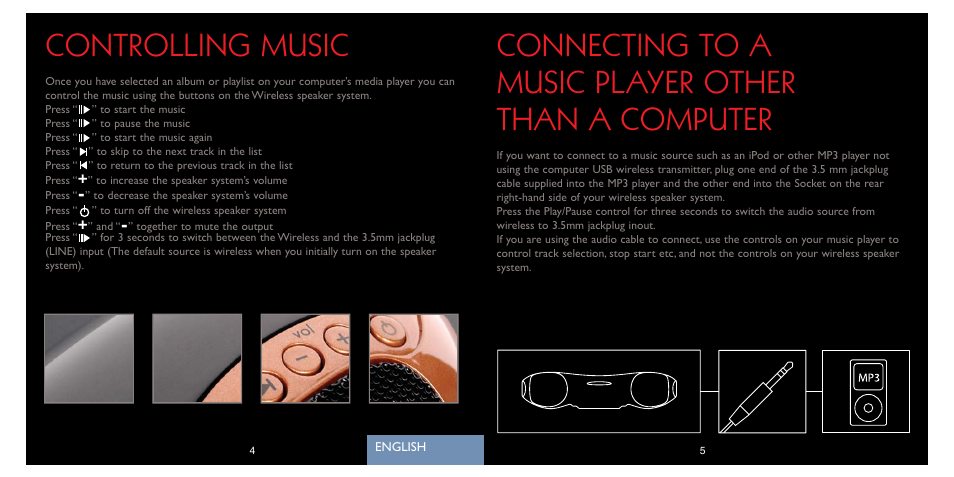 Connecting to a music player other than a computer, Controlling music | Saitek A-250 User Manual | Page 4 / 37