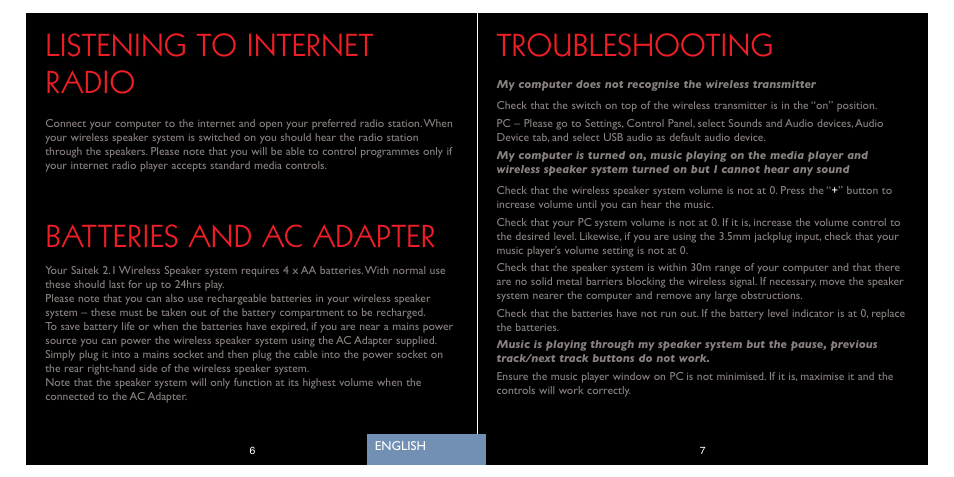 Troubleshooting, Listening to internet radio, Batteries and ac adapter | Saitek A-250 User Manual | Page 5 / 37