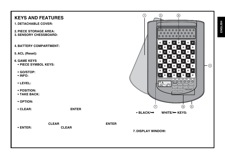 Keys and features, English | Saitek chess User Manual | Page 3 / 81