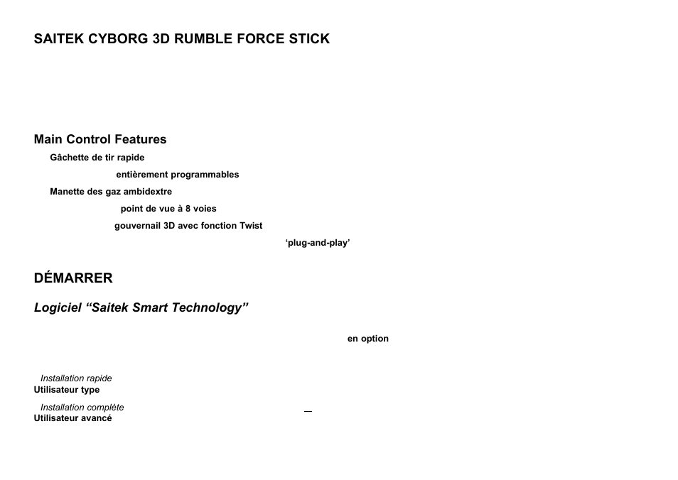 Saitek cyborg 3d rumble force stick, Démarrer, Main control features | Logiciel “saitek smart technology | Saitek Cyborg 3D User Manual | Page 13 / 52