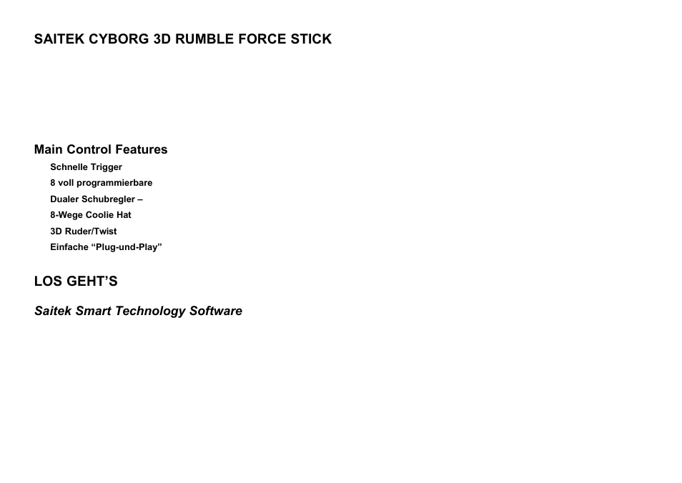 Saitek cyborg 3d rumble force stick, Los geht’s, Main control features | Saitek smart technology software | Saitek Cyborg 3D User Manual | Page 23 / 52