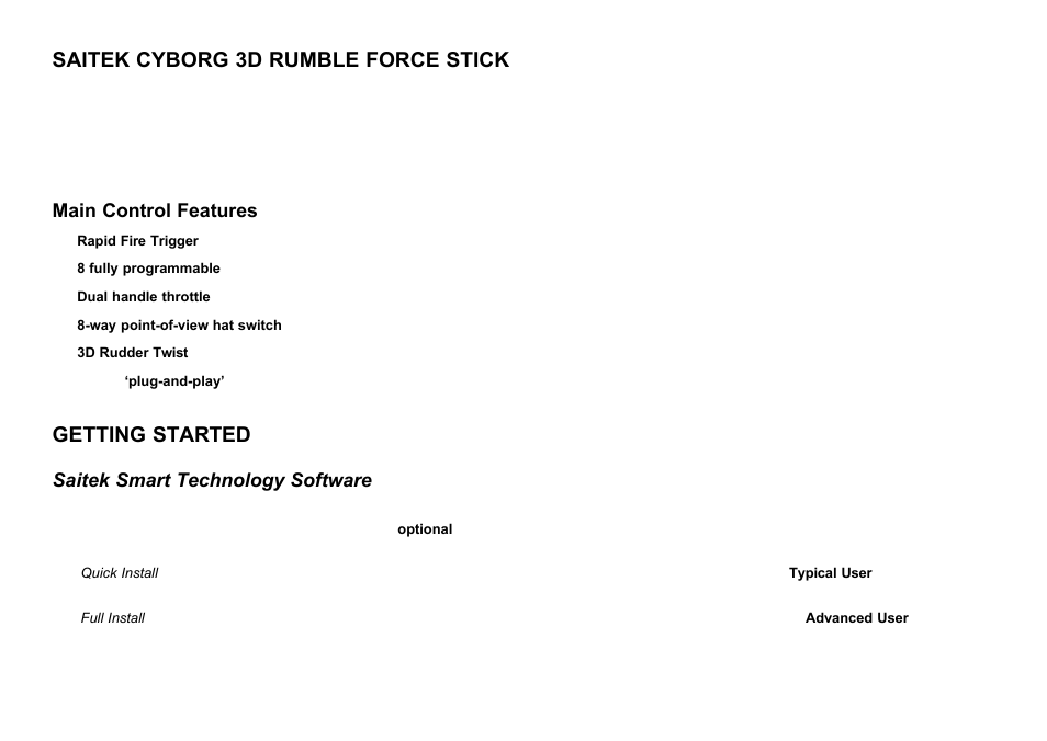 Saitek cyborg 3d rumble force stick, Getting started, Main control features | Saitek smart technology software | Saitek Cyborg 3D User Manual | Page 3 / 52
