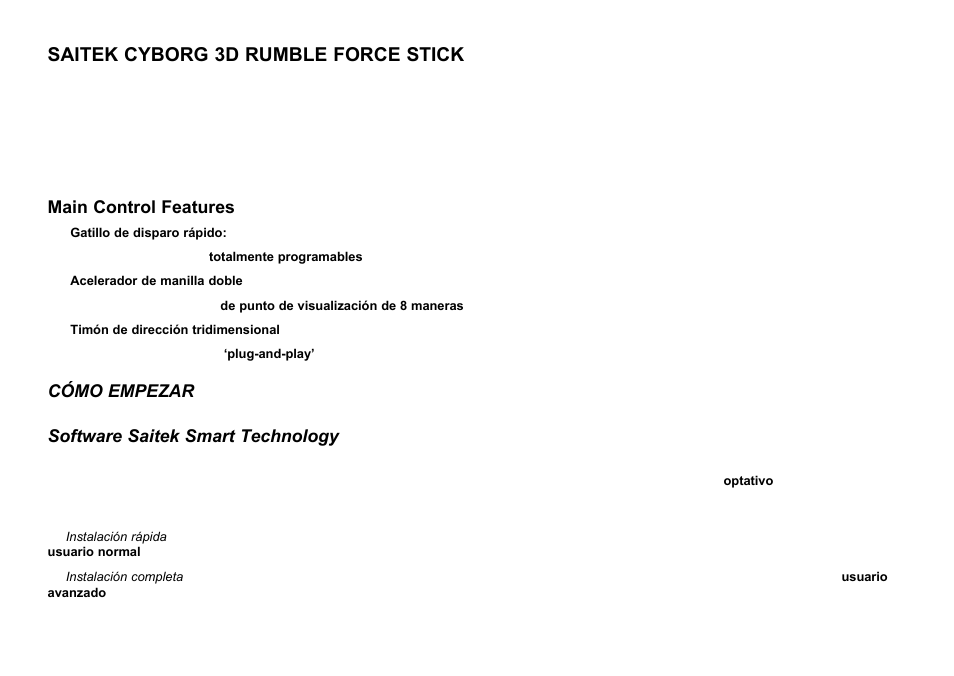 Saitek cyborg 3d rumble force stick, Main control features, Cómo empezar software saitek smart technology | Saitek Cyborg 3D User Manual | Page 43 / 52