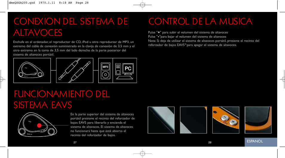 Control de la música, Conexión del sistema de altavoces, Funcionamiento del sistema eavs | Saitek iVenture A-200 User Manual | Page 15 / 17