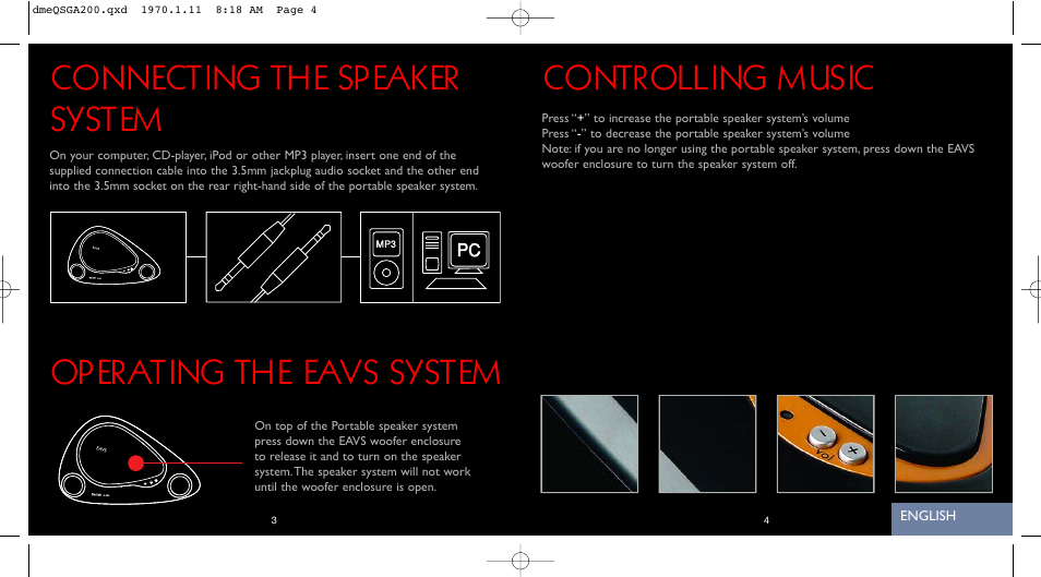 Connecting the speaker system, Operating the eavs system, Controlling music | Saitek iVenture A-200 User Manual | Page 3 / 17