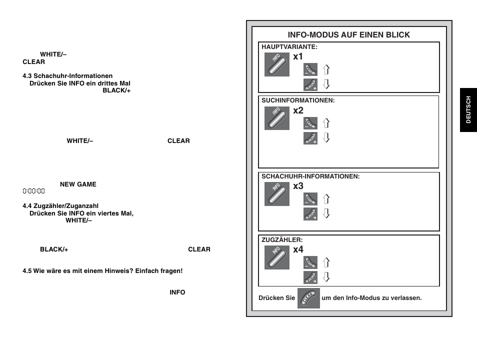 X2 x3, Info-modus auf einen blick, Nur bei blitz-/turnierstufen) | Saitek Mephisto Expert Travel Chess User Manual | Page 33 / 107
