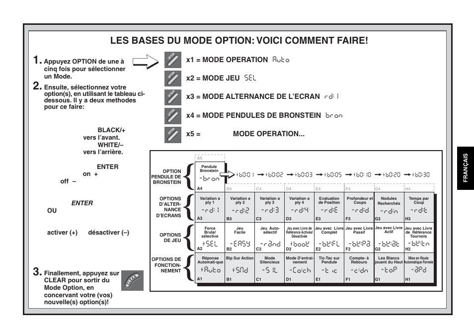 Les bases du mode option: voici comment faire, Bron, Auto | Co:ch, C:dn, Rd:1, Rd:2, Rd:3, Rd:4, Rd:e | Saitek Mephisto Expert Travel Chess User Manual | Page 57 / 107