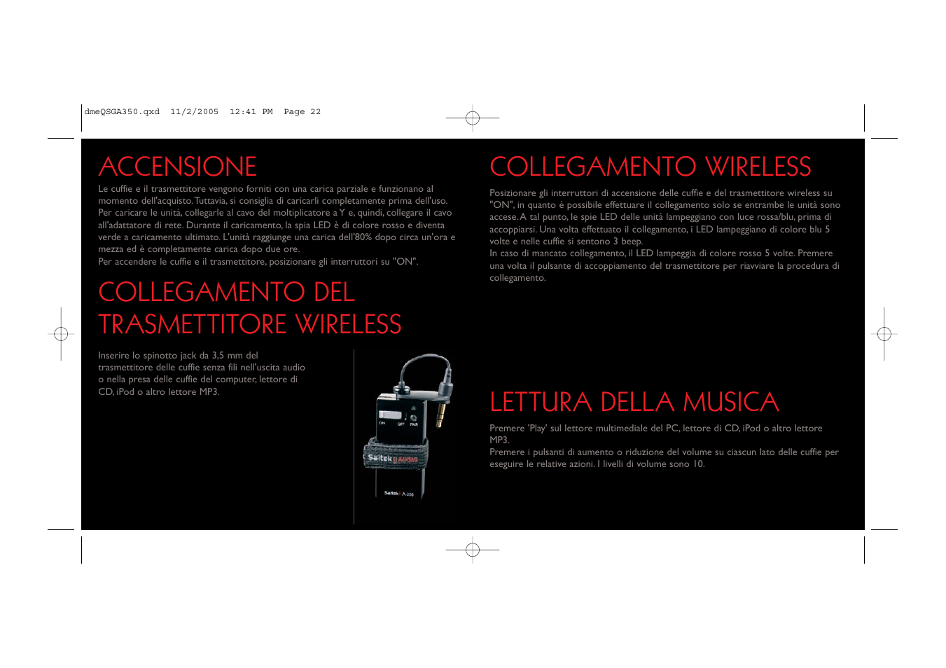 Collegamento wireless, Lettura della musica, Collegamento del trasmettitore wireless | Accensione | Saitek TM A-350 User Manual | Page 12 / 17