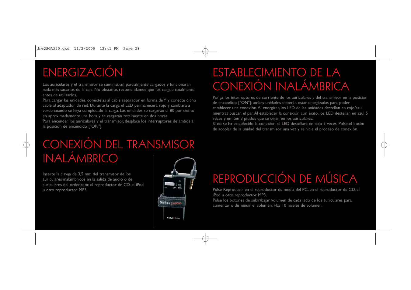 Conexión del transmisor inalámbrico, Reproducción de música, Energización | Establecimiento de la conexión inalámbrica | Saitek TM A-350 User Manual | Page 15 / 17