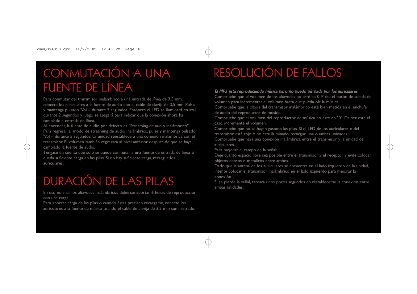 Duración de las pilas, Resolución de fallos, Conmutación a una fuente de línea | Saitek TM A-350 User Manual | Page 16 / 17