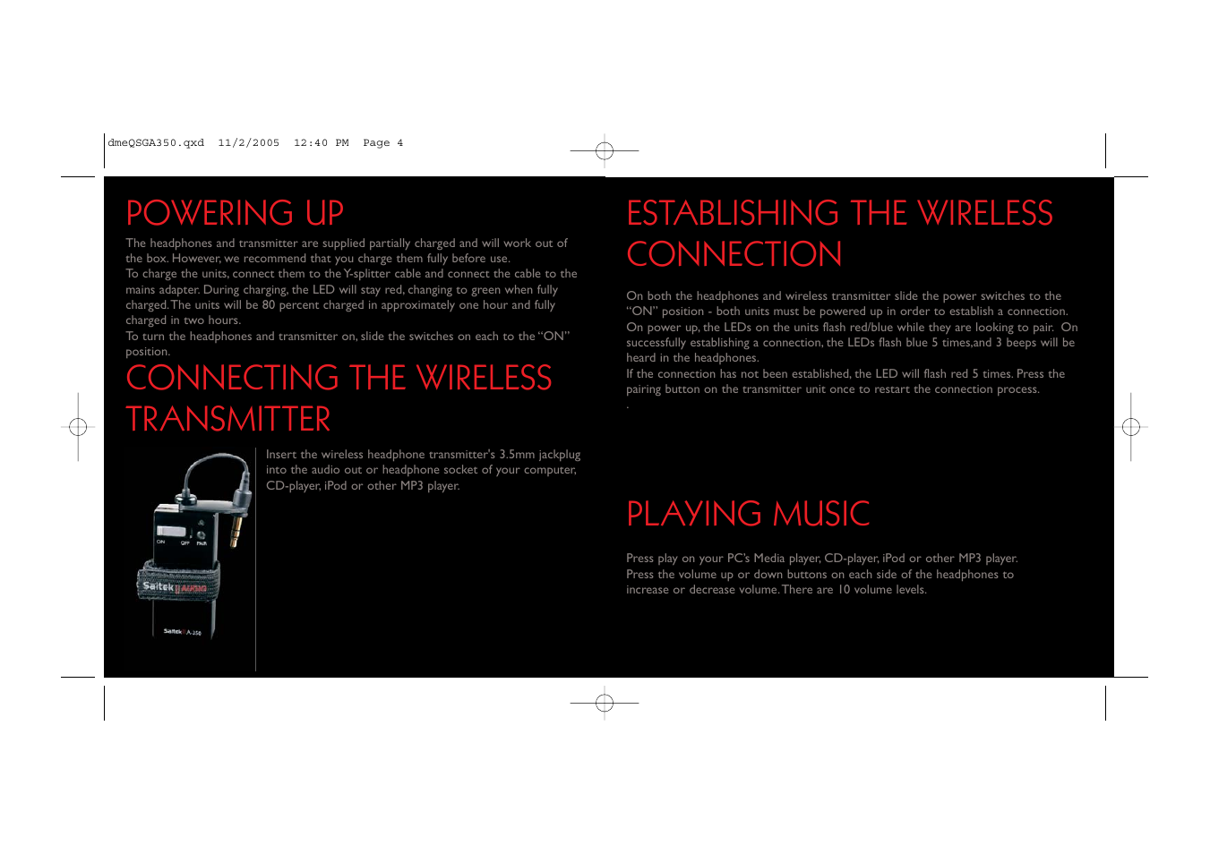 Establishing the wireless connection, Playing music, Connecting the wireless transmitter | Powering up | Saitek TM A-350 User Manual | Page 3 / 17