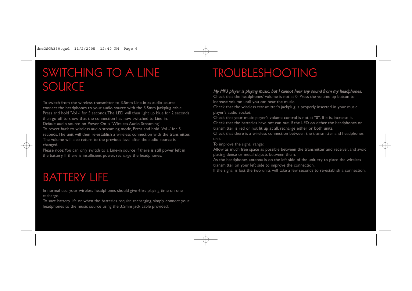 Battery life, Troubleshooting, Switching to a line source | Saitek TM A-350 User Manual | Page 4 / 17