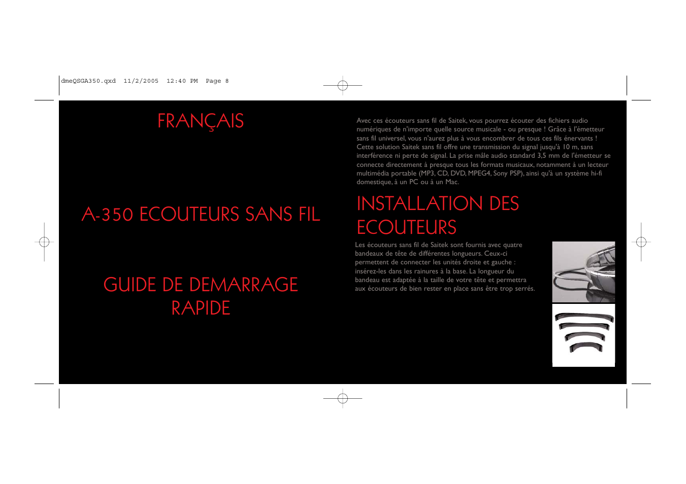 Installation des ecouteurs | Saitek TM A-350 User Manual | Page 5 / 17