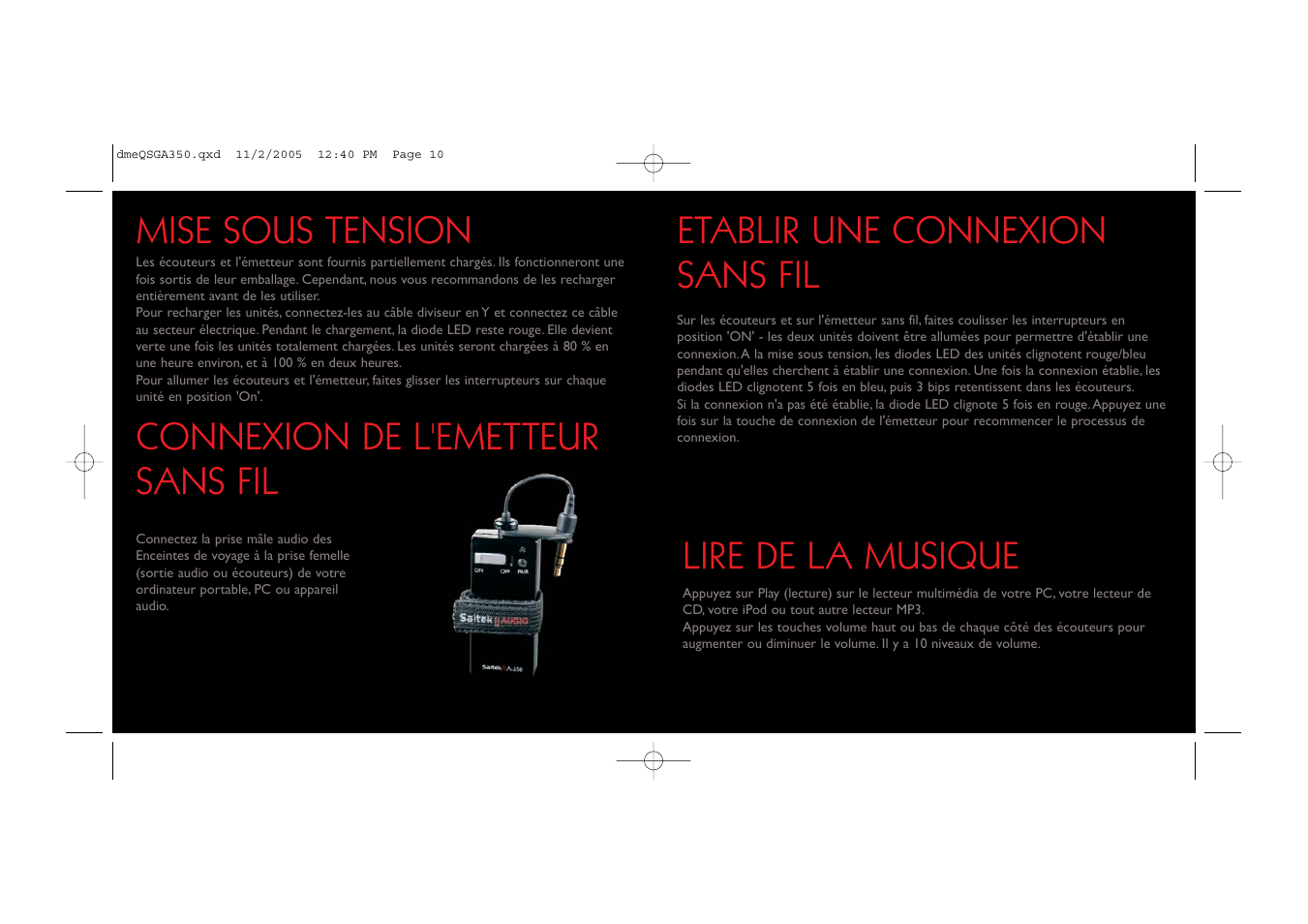 Etablir une connexion sans fil, Lire de la musique, Connexion de l'emetteur sans fil | Mise sous tension | Saitek TM A-350 User Manual | Page 6 / 17