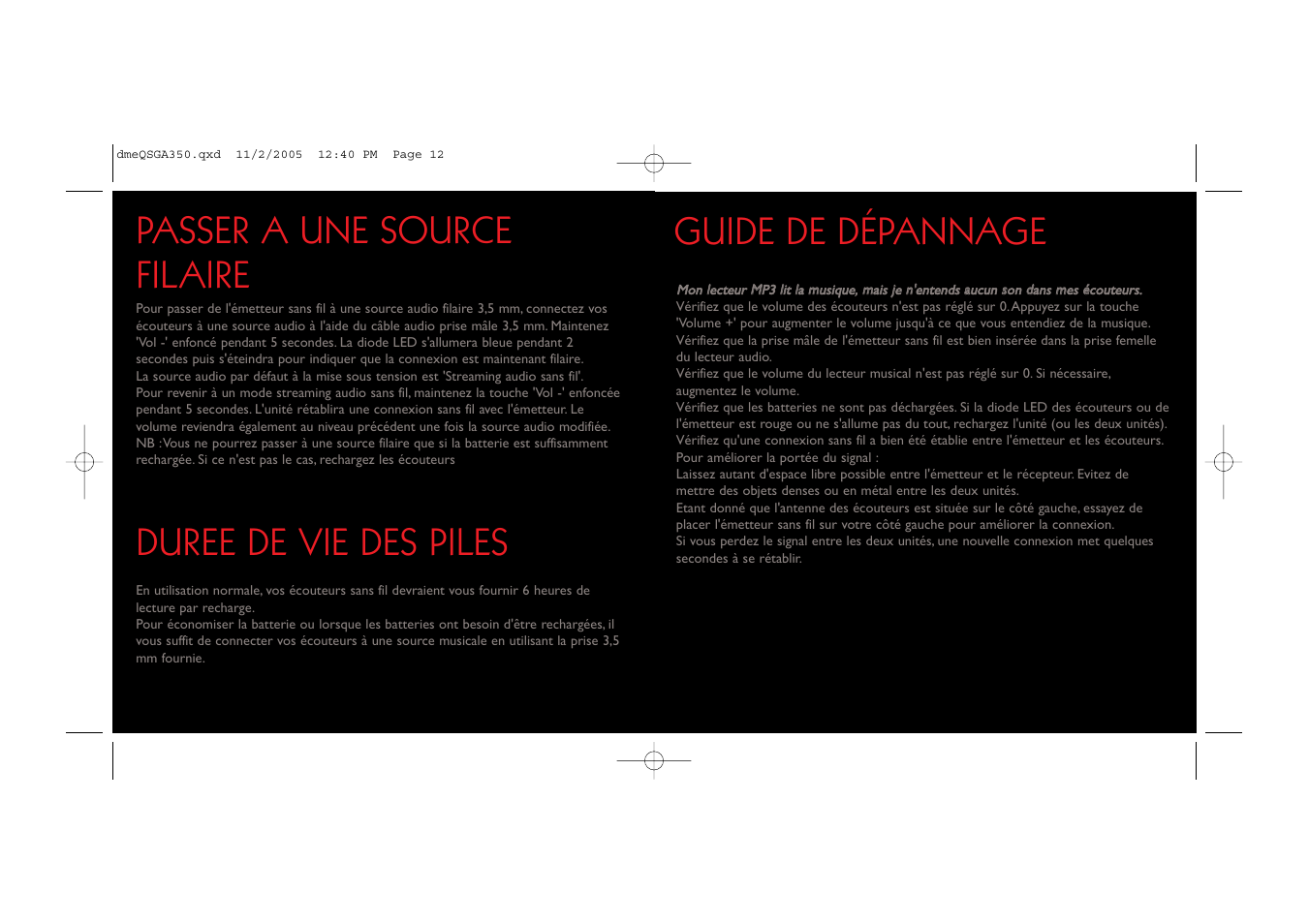 Duree de vie des piles, Guide de dépannage, Passer a une source filaire | Saitek TM A-350 User Manual | Page 7 / 17