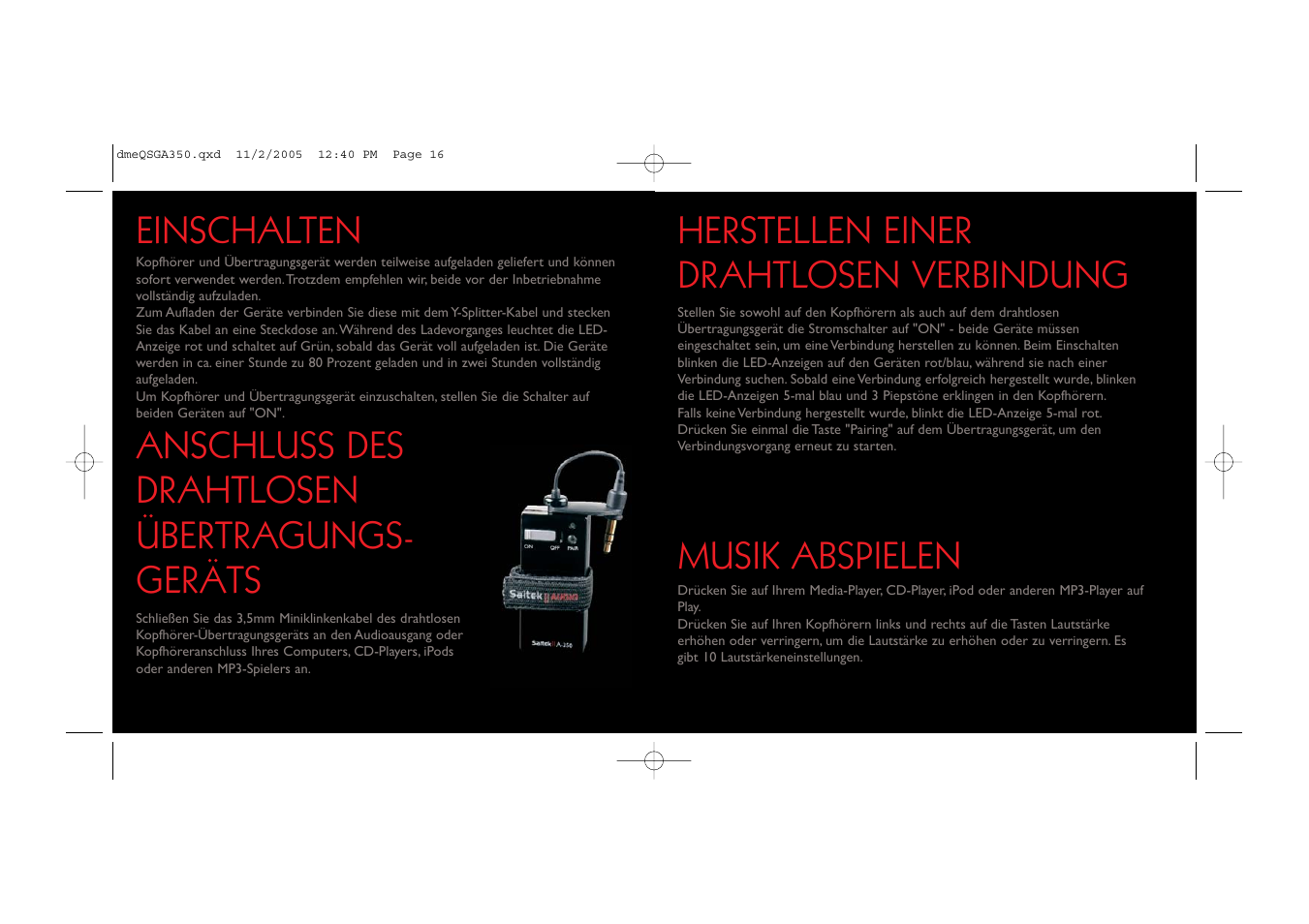 Anschluss des drahtlosen übertragungs- geräts, Musik abspielen, Einschalten | Herstellen einer drahtlosen verbindung | Saitek TM A-350 User Manual | Page 9 / 17