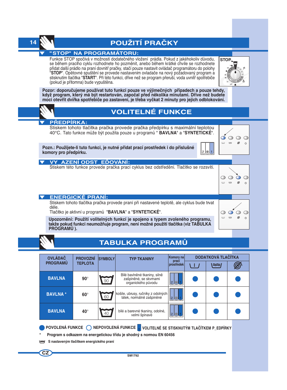 Pouîití praâky volitelné funkce, Tabulka programò, Bavlna | Ardo FL60E User Manual | Page 14 / 40