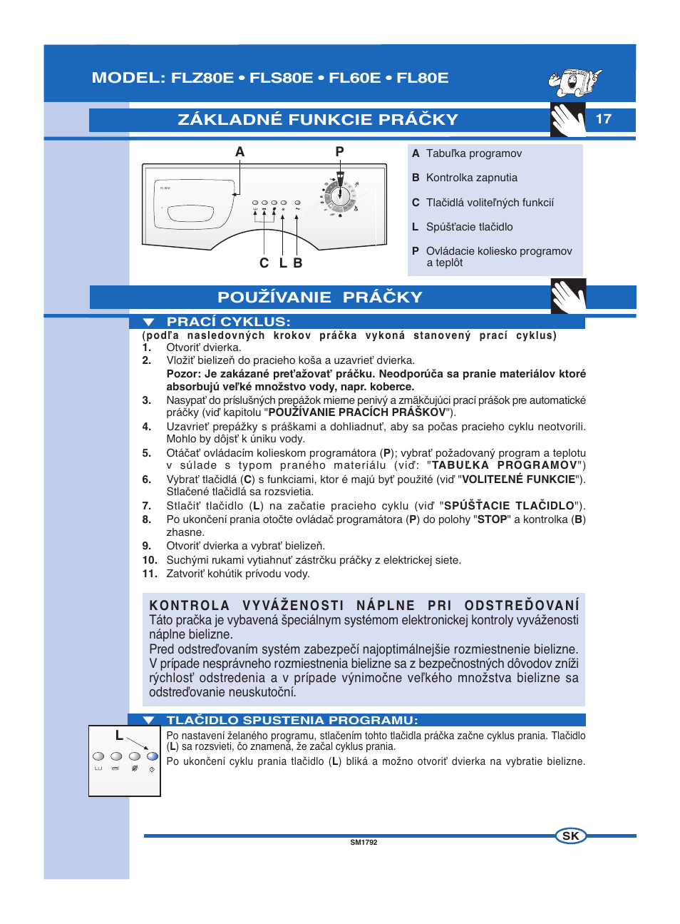 Pouîívanie práâky, Model, Základné funkcie práâky | Pb c l, Prací cyklus | Ardo FL60E User Manual | Page 17 / 40