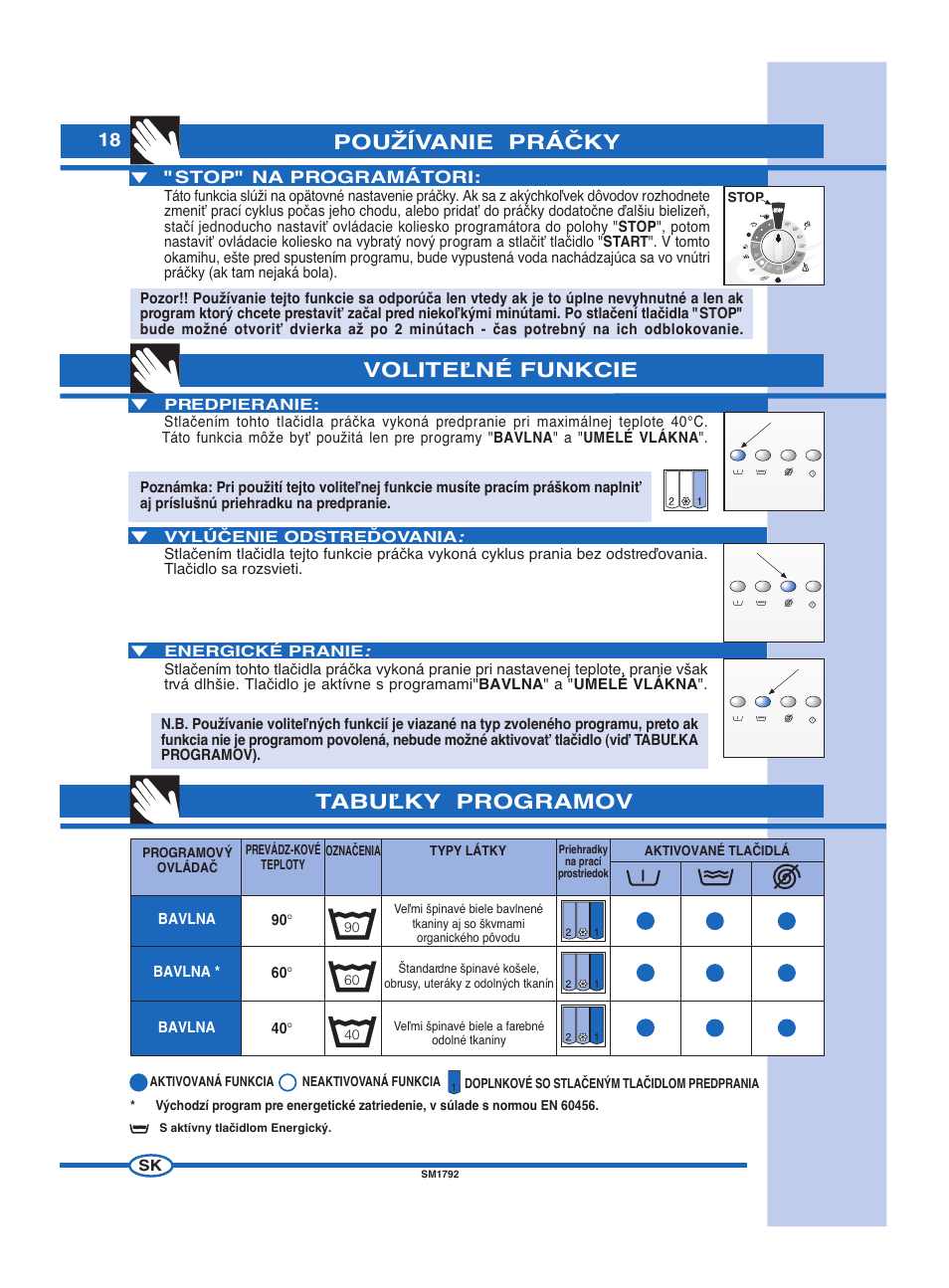 Pouîívanie práâky voliteªné funkcie, Tabuªky programov, Stop" na programátori | Ardo FL60E User Manual | Page 18 / 40