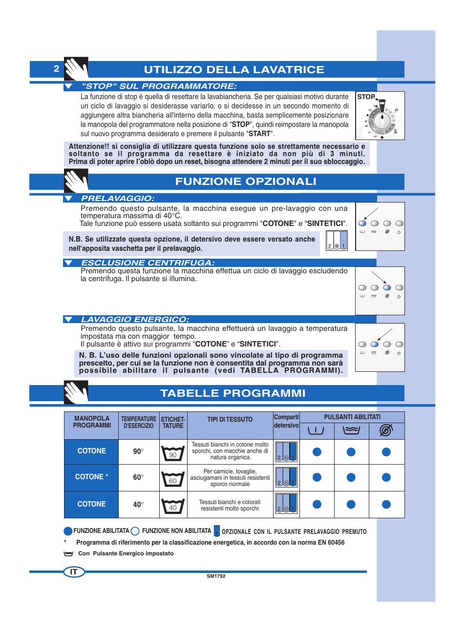 Utilizzo della lavatrice funzione opzionali, Tabelle programmi, Cotone | 90 ° cotone, 60 ° cotone | Ardo FL60E User Manual | Page 2 / 40