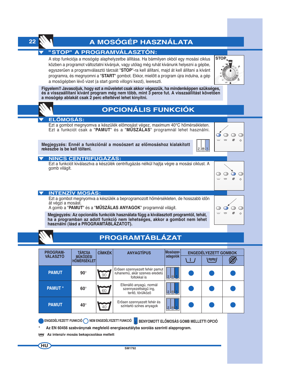 A mosógép használata opcionális funkciók, Programtáblázat, Stop" a programválasztón | Ardo FL60E User Manual | Page 22 / 40