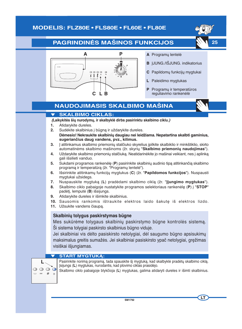 Naudojimasis skalbimo ma·ina, Modelis, Pagrindinñs ma·inos funkcijos | Pb c l, Skalbimo ciklas | Ardo FL60E User Manual | Page 25 / 40