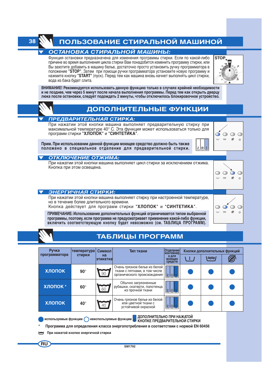 Таблицы программ, Остановка стиральной машины | Ardo FL60E User Manual | Page 38 / 40