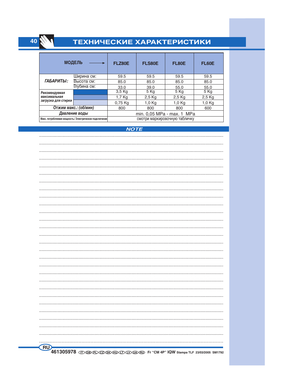 Технические характеристики | Ardo FL60E User Manual | Page 40 / 40