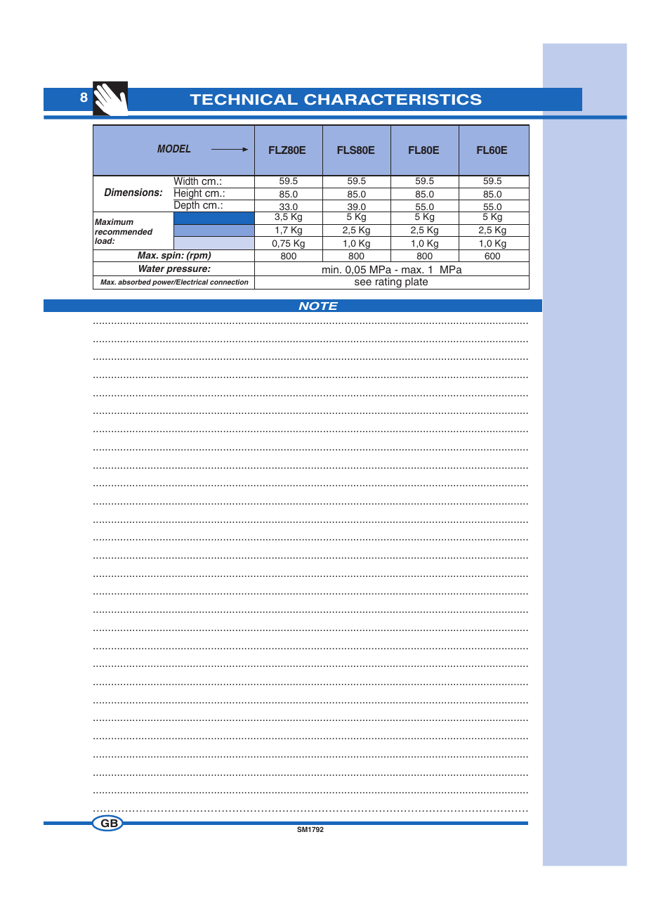 Technical characteristics | Ardo FL60E User Manual | Page 8 / 40