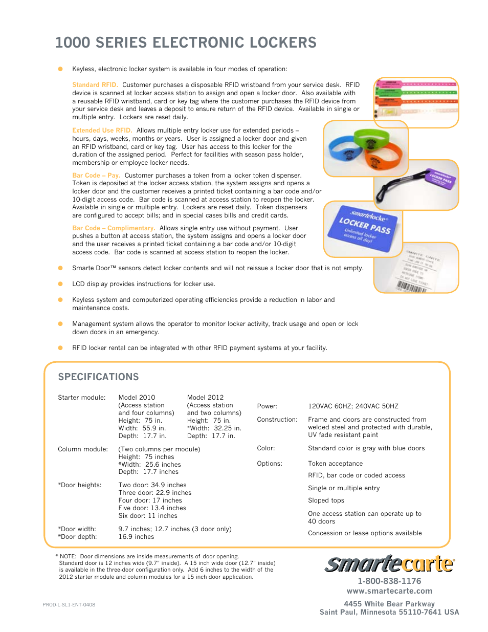 1000 series electronic lockers, Specifications | Smartek 1000 User Manual | Page 2 / 2