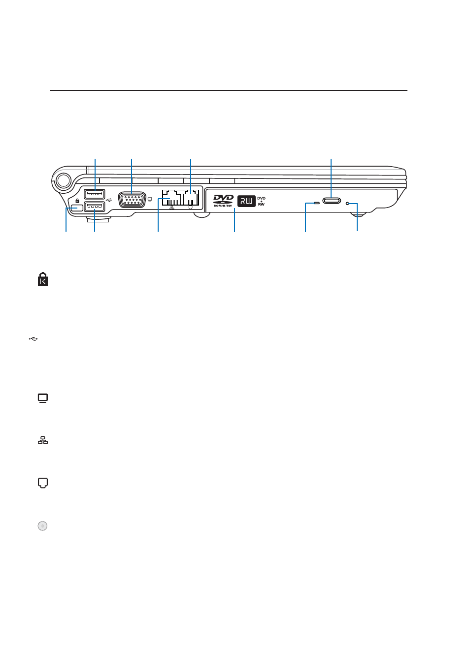 Left side, Knowing the parts, Kensington | Lock port, Usb port (2.0/1.1), Optical drive (type varies by model), Display (monitor) output, Lan port, Modem port | Asus W3A User Manual | Page 22 / 76