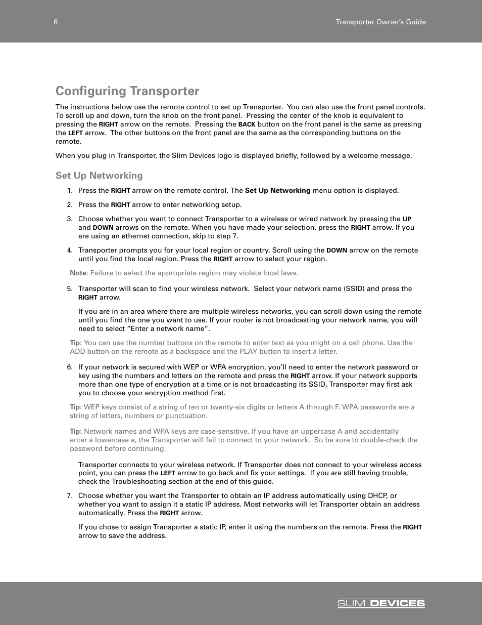 Configuring transporter, Set up networking | Slim Devices SLIM DEVICES User Manual | Page 10 / 36