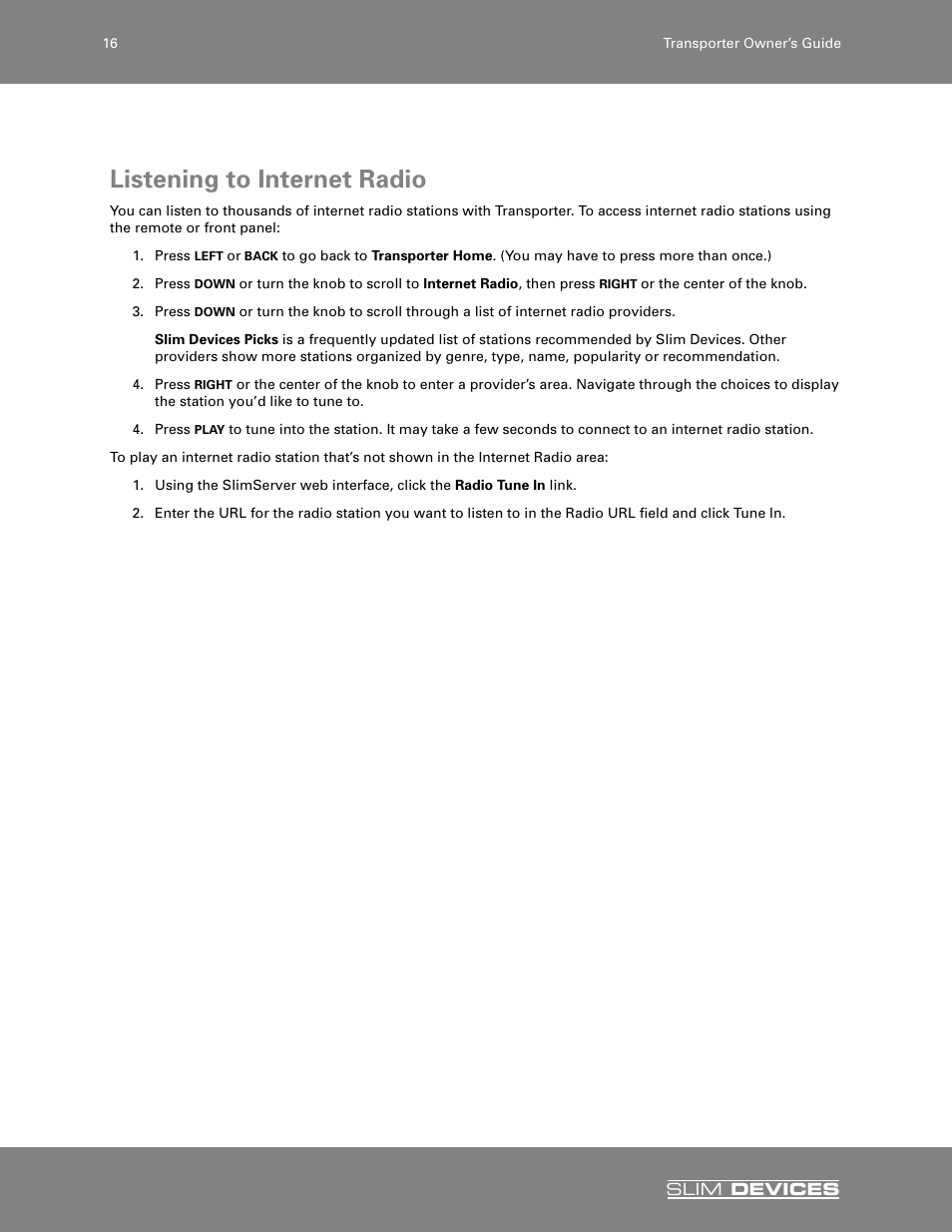 Listening to internet radio | Slim Devices SLIM DEVICES User Manual | Page 18 / 36