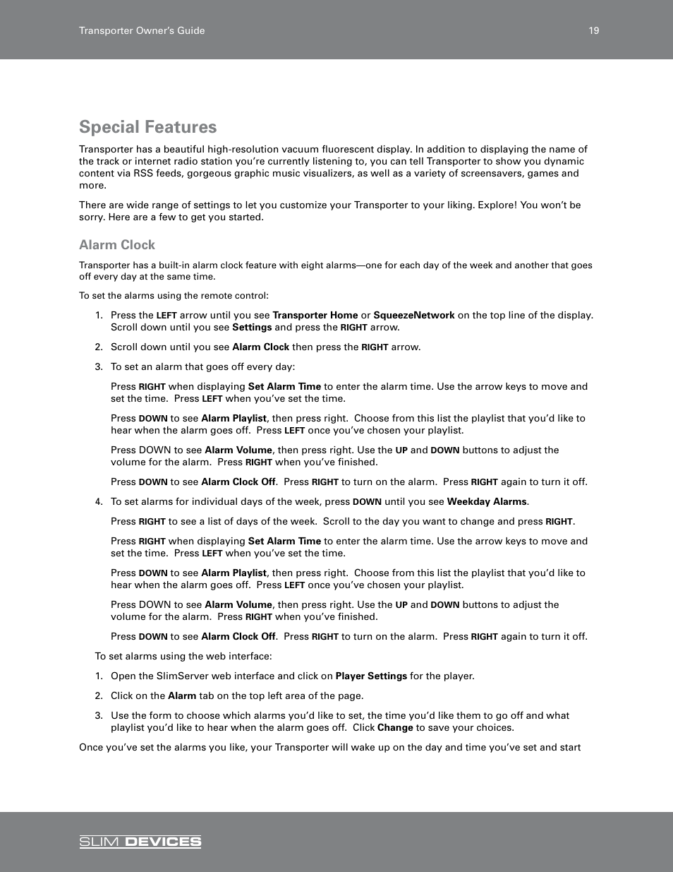 Special features, Alarm clock | Slim Devices SLIM DEVICES User Manual | Page 21 / 36