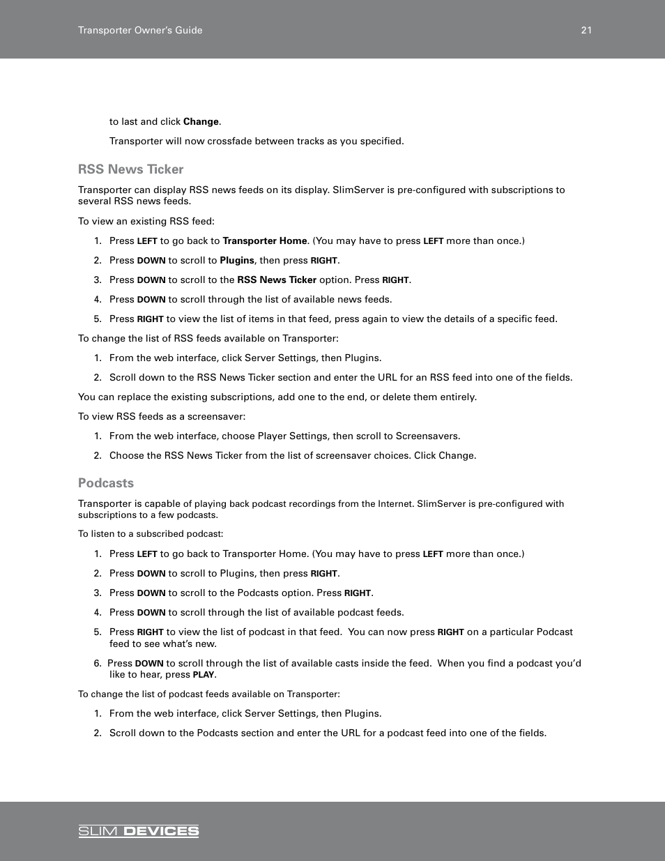 Rss news ticker, Podcasts, Rss news ticker  podcasts | Slim Devices SLIM DEVICES User Manual | Page 23 / 36
